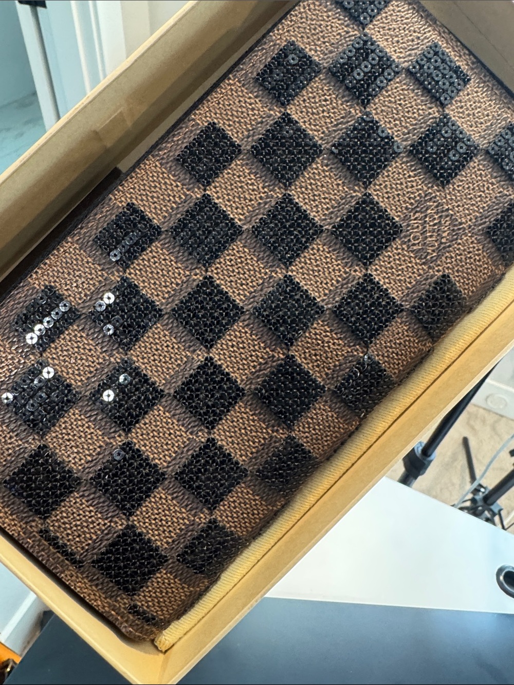 Louis Vuitton Black & Brown Sequined Damier Zippy Wallet Limited Edition.